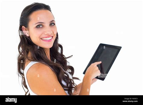 Pretty Brunette Using Tablet Pc Stock Photo Alamy