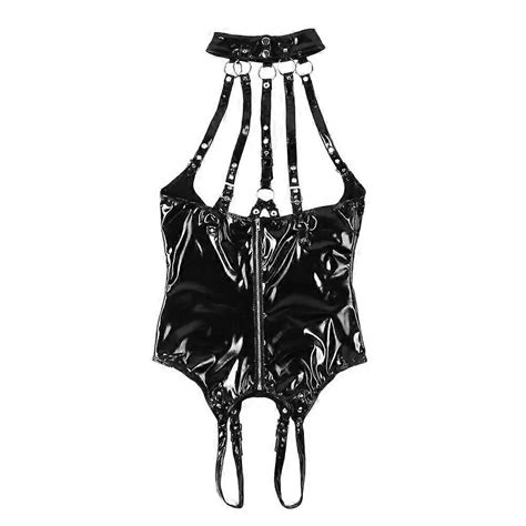 Women Wetlook Patent Leather Bodysuit Sexy Lingerie Halter Neck Bare Breast Crotchless