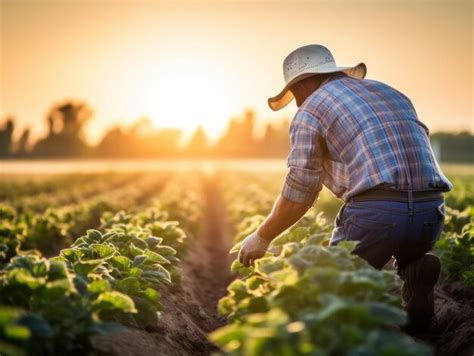 Un Agricultor Cuidando Las Filas De Cultivos En Un Campo Iluminado Por