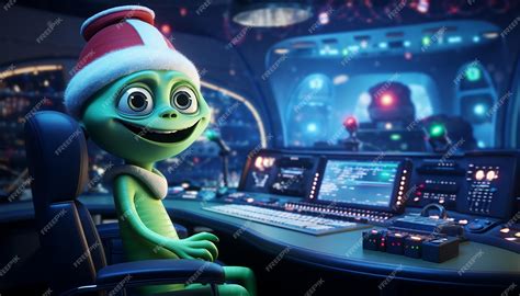 Комната управления космическим кораблем с милым инопланетянином ...