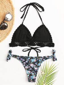 Sexy Bikini Triangle Halter Crochet Trim Backless Floral Print String Panty Swimwear Td Mercado