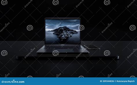 Laptop With Black Screen And A View Of The Island In The Sea Stock