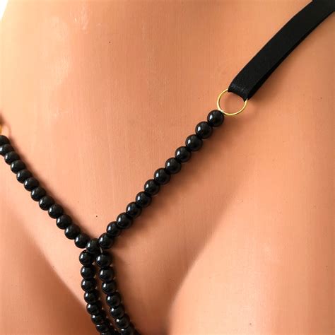 Black Pearl Lingerie T Double String With Black Glass Beads Etsy