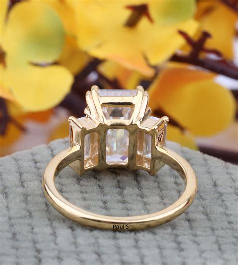 Three Stone Emerald Cut Moissanite Engagement Ring Emerald Etsy