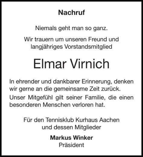 Traueranzeigen Von Elmar Virnich Aachen Gedenkt