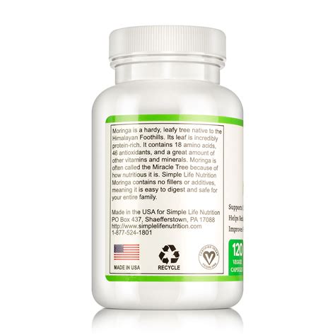 Organic Moringa Capsules 800mg 120 Ct Simple Life Nutrition