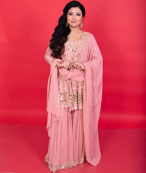 Nude Peach Pink Bridal Peplum Gharara Set AR Fashion