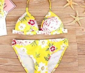 Cute Fashion Yellow Floral Print Halter Two Piece Bikini On Luulla