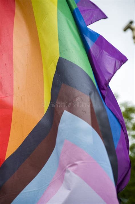 Close Up Rainbow Gay Pride Flag Outside On A Street Symbol Of The Lesbian Bisexual Transgender