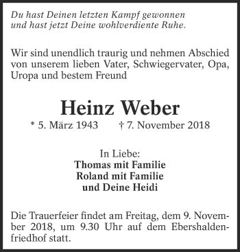 Traueranzeigen Von Heinz Weber Zeit Des Gedenkens De