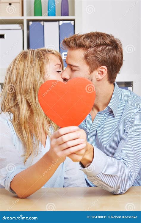 Couple Kissing Behind Red Heart Stock Image Image Of Hide Kiss 28438031