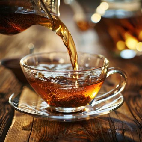 Pouring Brown Tea Into Glass Cup Pouring Black Tea From Teapot Aromatic Hot Tonic Beverage