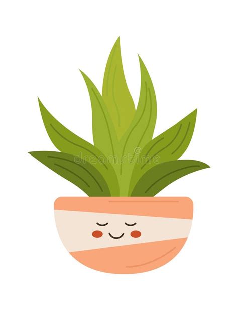 Cute Cartoon Aloe Vera Houseplant In Ceramic Pot Flat Icon Stock Vector