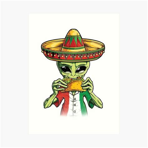 Alien Eating Taco T Shirt Cinco De Mayo Ufo Sombrero Flag Art Print