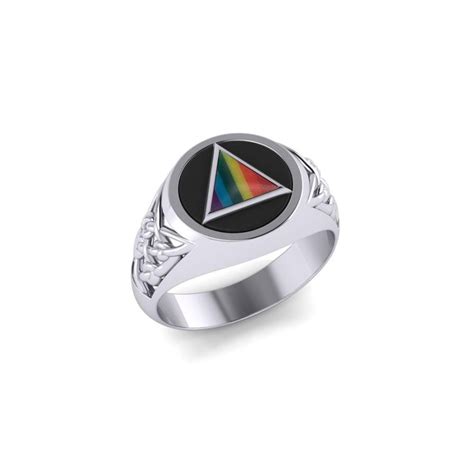 Celtic AA Recovery Symbol Silver Ring with Rainbow Inlaid Gemstone ...