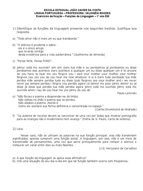 Funções Da Linguagem - Exercícios | PDF | Idiomas