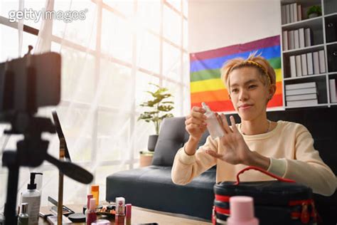 An Asian Teenage Gay Beauty Blogger Or Influencer Reviews Cosmetic Skin Care While Live