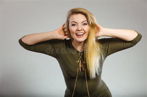 Attractive Blonde Woman Wearing Tight Green Khaki Top Stock Image Image Of Blonde Female