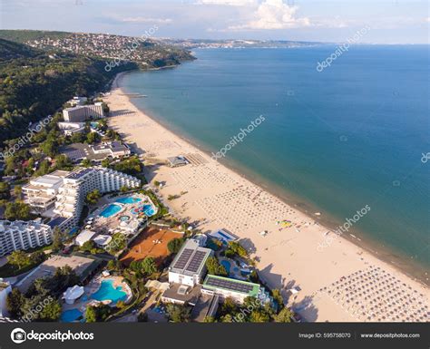 Aerial Top View People Crowd Relaxing Beach Albena Bulgaria — Stock ...