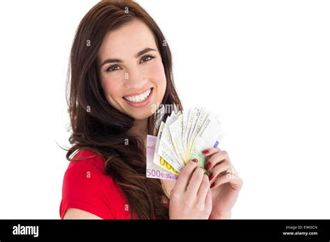 Happy Brunette Holding Her Cash Money Stock Photo Alamy