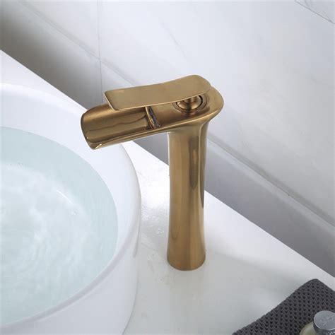Tall Brushed Gold Waterfall Spout Bathroom Basin Vessel Sink Mixer