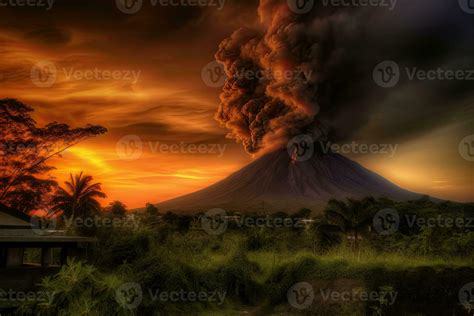 Massive volcano eruption. A large volcano erupting lava and gases into