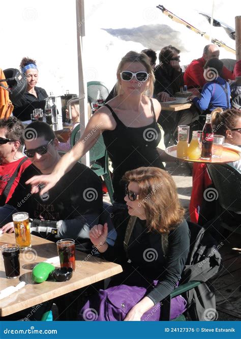 A Pretty Blonde Waitress Serves Lunch Outdoors Editorial Photo Image Of Lunch Glass 24127376