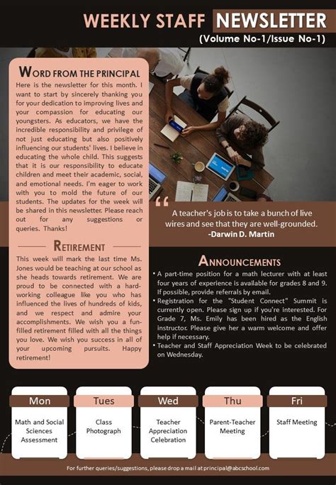 One Page Weekly Staff Newsletter Presentation Report Infographic Ppt