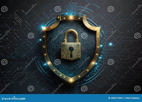 El Concepto De Ciberseguridad Escudo Con Bloqueo De Oro Colgante En Un