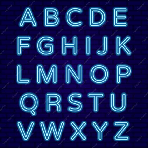 Letras de neón azul en la pared de ladrillo. alfabetos brillantes ...