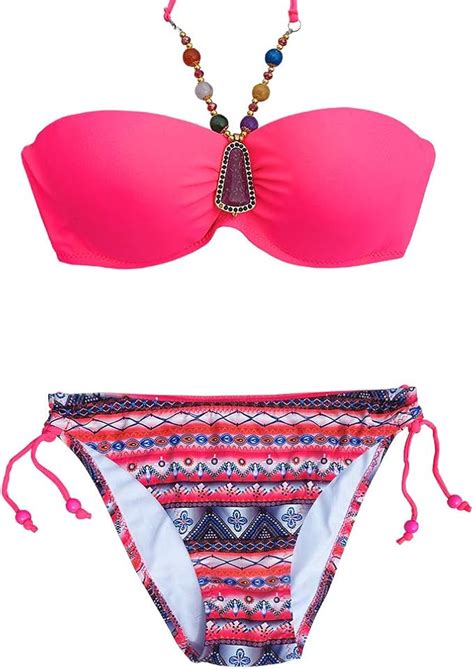 Sexy Push Up Stein und Perlen Neckholder Mit Träger Bikini Badeanzug Bademode Coral M 38