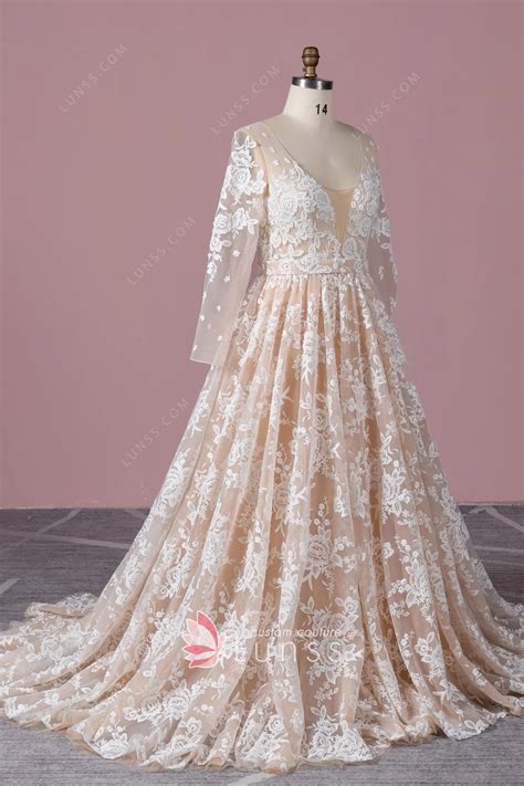 White Lace Appliqued Nude Color Tulle Boho Wedding Dress Lunss