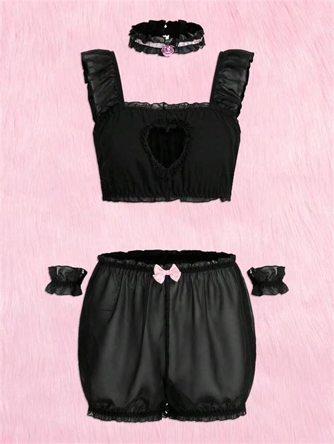 Romwe Kawaii Pack Frill Trim Cut Out Bow Front Lingerie Set With Choker For Sale Australia New
