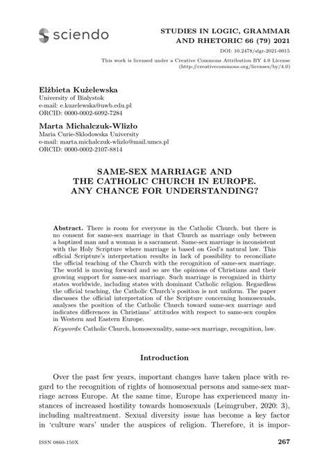 Pdf Same Sex Marriage And The Catholic Church In Europe Any Chance For Understanding