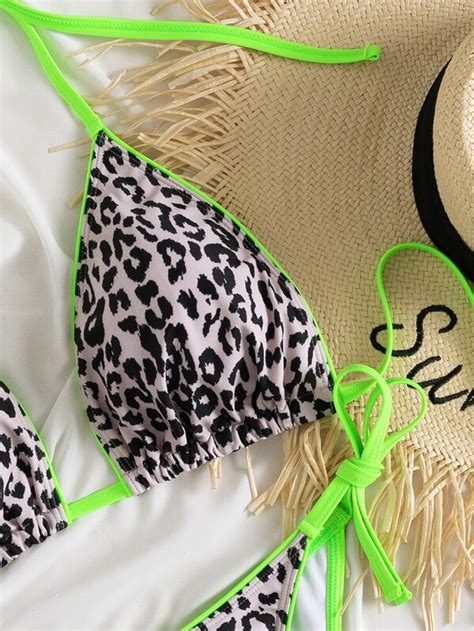 SHEIN Swim Vcay Plus Leopard Ringer Bikini Set Halter Triangle Bra Tie Side Bottom Piece