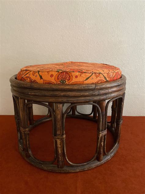 Vintage Round Rattan Bamboo Footstool Ottoman 1970s Orange Cushion