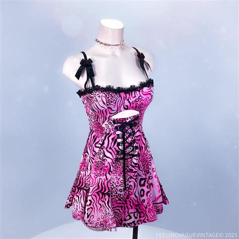 Y K Vintage Lace Up Pink Leopard Corset Lacing Babydoll Lingerie Mini Dress M Etsy