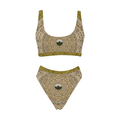 Golden Forest Silver Tree In Wood Mandala Sport Top High Waisted Bikini Swimsuit Model S