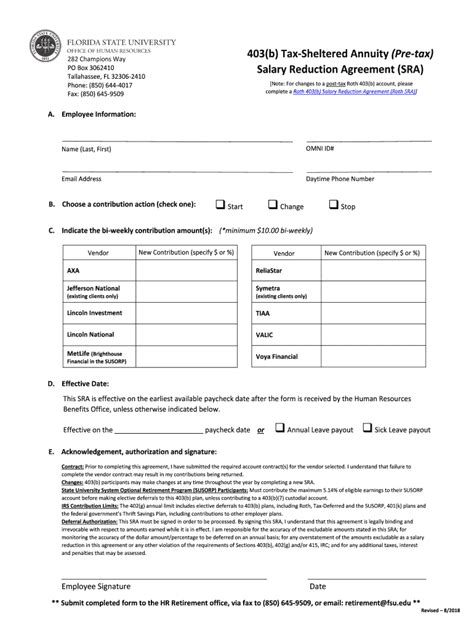 Fillable Online B Tax Sheltered Annuity Pre Tax Salary Reduction