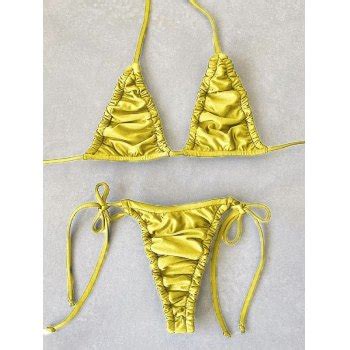 Emmiol Free Shipping Lace Up Ruched Bikini Set Yellow M In Bikini Sets Online Store Emmiol