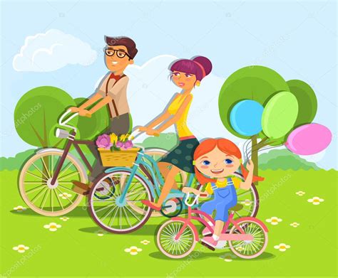 Familia paseos en bicicleta Dibujos animados vectoriales ilustración