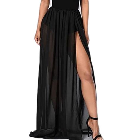 Women Sexy Summer Beach Cover Ups Hot High Waist Side Split Mesh Long Skirts Solid See