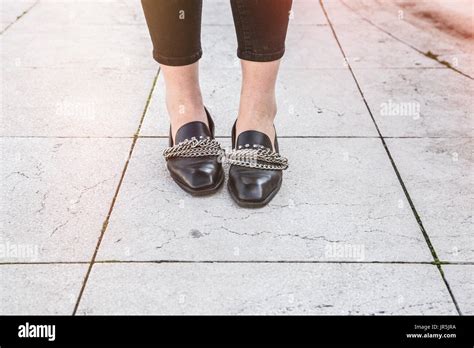 Detail Shot Of Trendy Black Loafers Street Style Stock Photo Alamy