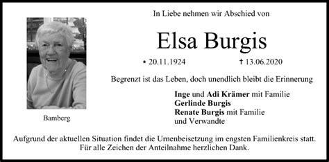 Elsa Burgis Traueranzeige Trauer Infranken De