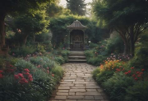 Premium Photo A Garden With Flowers And A Small Shrine In The Middle