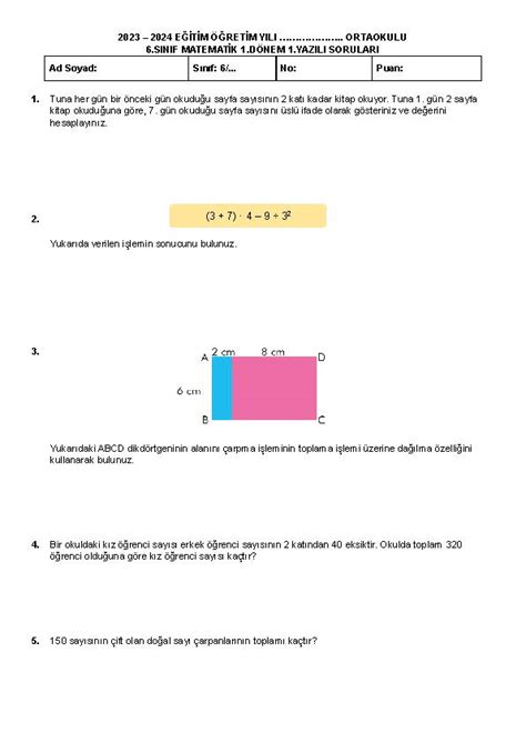 2023 2024 6 Sınıf Matematik 1 Dönem 1 Yazılı Soruları Matematik Vakti