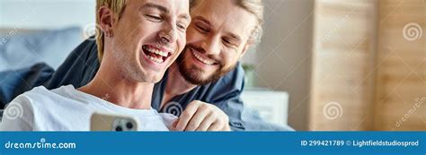 Cheerful Tattooed Gay Man Browsing Internet Stock Image Image Of Modern Lifestyle