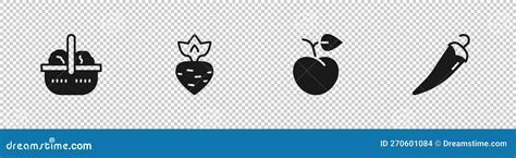 Set Basket And Food Turnip Peach Fruit Or Nectarine And Hot Chili Pepper Icon Vector Stock