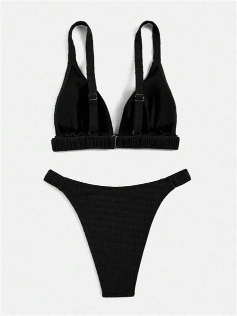 SHEIN Swim Basics Textured Bikini Set Triangle Bra Cheeky Bottom 2
