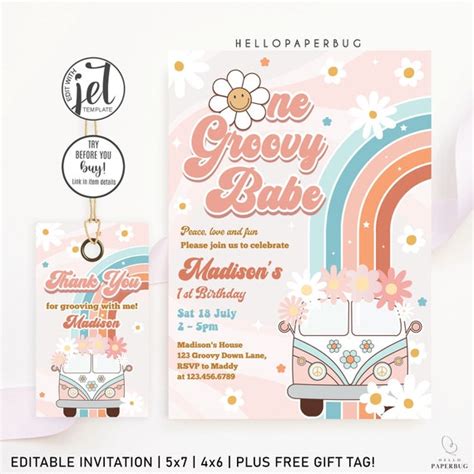 Editable ONE Groovy Babe Pink Peach Van Daisy Rainbow Groovy St Birthday Hippie Party
